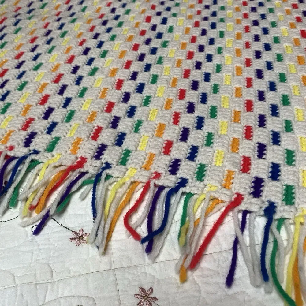 Vtg Handmade Rainbow Crochet Afghan Throw Blanket Reversible Approx 45 X 54